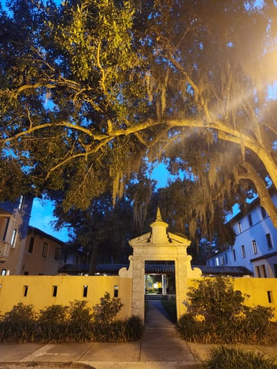 This image shows a decorative archway entrance to a courtyard in Winter Park, Florida, USA. The scene is lit by artificial lights, casting a warm glow on the stone arch and the yellow stucco wall. Large oak trees with Spanish moss hang over the archway, their branches illuminated by the lights. The sky is a deep blue, indicating it is dusk or nighttime. On either side of the archway are buildings with arched windows. The courtyard beyond the archway appears to have more greenery and possibly more buildings. The overall impression is one of a historic and well-maintained property, possibly a private residence or a public institution.