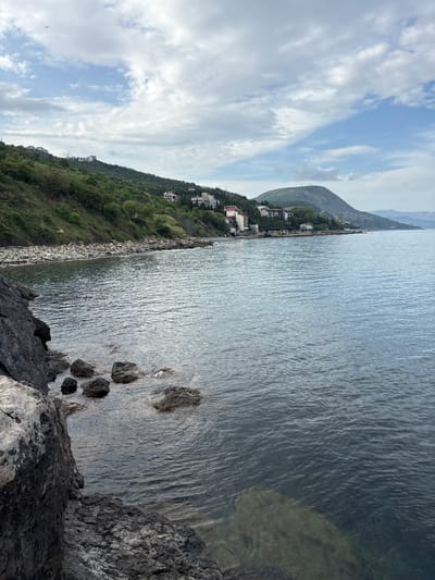 The image shows a coastline in Bondarenkovo, Ukraine. A body of water occupies most of the right side of the image, with rocks visible at the water's edge. The shoreline on the left is vegetated with trees and grass, with a few buildings visible higher up the slope. The sky above is partly cloudy.