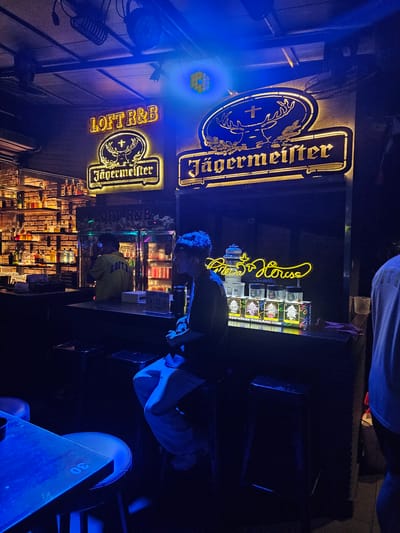 The image depicts an interior scene of a dimly lit bar, likely in Ban Klong Haeng, Thailand, bathed in predominantly blue and yellow neon lighting. In the background, a well-stocked bar with shelves of bottles is visible, with a brick wall behind it. Two prominent neon signs hang on the wall: one reads "LOFT R&B" in yellow letters, and below it, a Jägermeister logo featuring a deer with a cross. Another Jägermeister sign is visible to the right.

In the middle ground, a person wearing a yellow shirt with "LOFT R&B" written on it is standing behind the bar, possibly serving customers or preparing drinks. A customer, dressed in light-colored pants and a dark top, is seated at the bar, facing away from the camera, looking towards the bar area. Another customer, partially visible on the far right, is also present.

In the foreground, a table and a barstool are visible, illuminated by the blue light. On the bar counter, several jars with labels and some packaged items are displayed, with neon signage reading "Green House House" in yellow. The overall atmosphere suggests a nightlife venue.