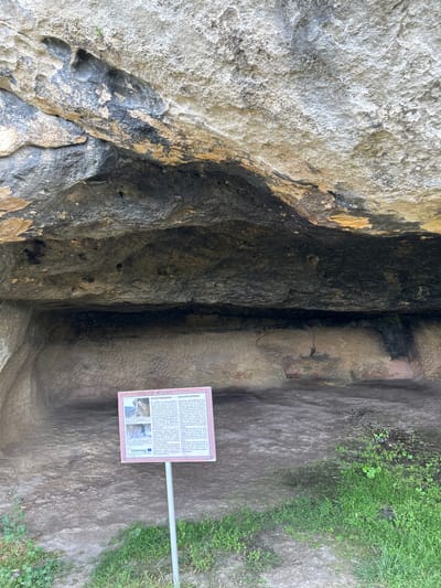The image shows an outdoor scene at the Rock-Hewn Churches of Ivanovo, a UNESCO World Heritage site in Bulgaria. The main subject is a rock shelter carved into a cliff face, with evidence of human habitation or use. In front of the rock shelter, a white sign with a pink border stands on a metal pole, displaying text and images, likely providing information about the historical site. The ground in front of the shelter is uneven and rocky, with patches of grass and small plants growing. The rock formations themselves are textured and show signs of weathering, with dark staining visible on some surfaces, possibly from moisture or historical use. The overall environment suggests a natural, historical, and somewhat rugged landscape.