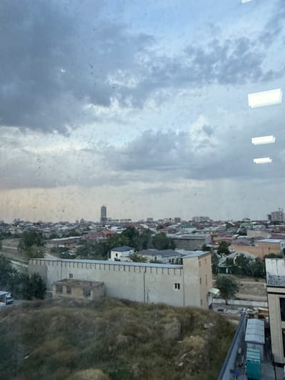 The image displays an overcast sky with textured clouds in the upper left portion. Below the sky is a panoramic view of a densely populated urban area, likely a city, with numerous buildings of varying heights and architectural styles. The buildings are packed closely together, with some appearing to be residential and others commercial or industrial. Green trees are interspersed throughout the urban landscape, suggesting a temperate climate.

A prominent feature in the mid-ground is a light-colored, multi-story building with a series of small windows and a long, flat roofline. Adjacent to this building, and extending towards the right of the image, is a steep, grassy embankment. The embankment is covered in dry, yellowish-brown vegetation, indicating a dry season or arid environment.

In the distance, a tall, slender building or tower is visible, adding to the urban skyline. The overall impression is a view from a high vantage point, looking down and across a cityscape that extends towards a hazy horizon. The lighting suggests it could be late afternoon or early evening, given the muted sunlight and the soft, diffused light on the clouds. The weather appears to be cloudy, possibly with a chance of rain. There is no visible text in the image. The scene conveys a sense of everyday urban life in a densely built environment, with a natural element provided by the grassy slope.