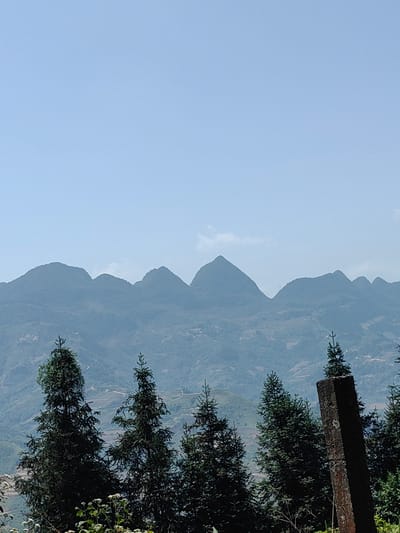 The image shows a mountainous landscape in Bạch Đích Commune, Vietnam. In the foreground, several evergreen trees are present. A weathered, rectangular stone pillar stands among the trees. The middle ground features a series of mountains with varying peaks, their slopes showing signs of terraced cultivation. The background is filled with a clear, light blue sky with some traces of clouds.