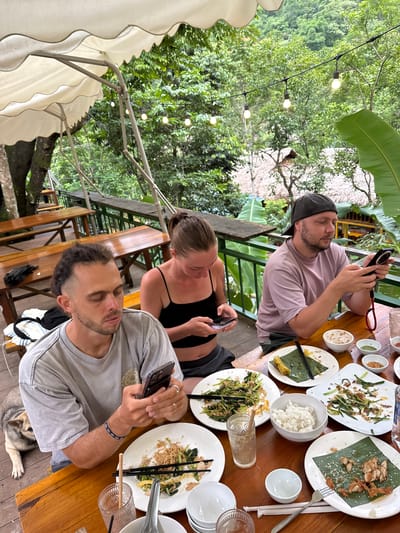 Three people are seated at a wooden table outdoors, with a dog lying on the floor to the left. The table is laden with partially eaten plates of food, bowls of rice, and small dishes of condiments. All three individuals are looking at their phones. The man on the left wears a grey t-shirt and the man on the right wears a pink t-shirt and a black baseball cap. The woman in the center wears a black tank top. The setting appears to be a restaurant or cafe in a lush, green environment, likely in Cổ Lũng Commune, Vietnam, given the presence of banana leaves on the plates and the tropical foliage. String lights are visible overhead, suggesting it might be evening or a shaded area. Wooden benches and tables are present in the background, along with a railing.