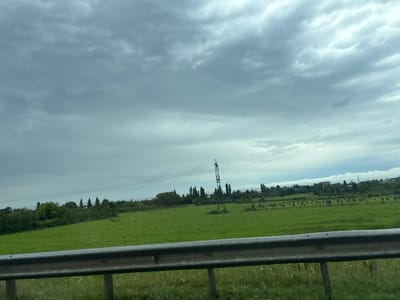 A wide shot captures a cloudy, overcast sky above a lush green field bordered by a metal guardrail in the foreground. In the middle ground, a pylon stands tall amidst the field, with a line of trees forming a backdrop. A few buildings are visible in the distance, nestled among the trees. The scene appears to be a rural or suburban landscape, possibly on the outskirts of Samtredia, Georgia.