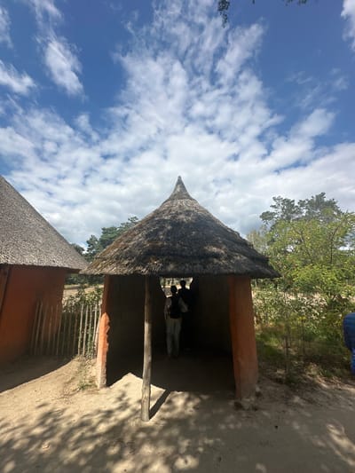 The image shows a sunny day with scattered clouds in the sky over an outdoor exhibit. In the foreground, two conical thatched-roof huts are visible, constructed from mud-like material. The hut on the right has an open entrance where two individuals, seen from the back, are standing. The ground is sandy and covered with dappled sunlight and shadow from overhead trees. A rustic wooden fence runs along the side of the hut on the left. In the background, lush green trees and vegetation are present, suggesting a natural setting. This scene is located at the Beekse Bergen Safari Park in Hilvarenbeek, Netherlands, which features an "African village" exhibit designed to resemble traditional African dwellings.