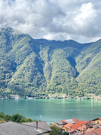 The image depicts a panoramic landscape view over a lake and mountainous terrain, situated in Nesso, Italy. In the immediate foreground, a cluster of residential rooftops is visible, predominantly featuring terracotta-colored tiles, with one prominent roof on the left having dark gray tiles and a visible chimney stack. Sparse green foliage, including trees and bushes, is interspersed among these structures.
Beyond the foreground houses, a large body of water, likely Lake Como, occupies the midground. The water exhibits a distinct turquoise-green hue and shows minimal surface disturbance, with no boats or significant reflections visible.
The background is dominated by a vast range of densely forested mountains, their slopes covered in varied shades of green vegetation. These mountains rise steeply from the far shoreline of the lake. Along the base of these mountains, on the opposite side of the lake, a series of compact settlements or towns are observed, characterized by numerous light-colored buildings with clustered rooftops. The uppermost ridges of the mountains are partially obscured by a scattered layer of white and gray cumulus clouds, with some wisps of mist or low-lying clouds clinging to the peaks. The overall lighting suggests an overcast daytime scene. No individuals or direct human actions are discernable.