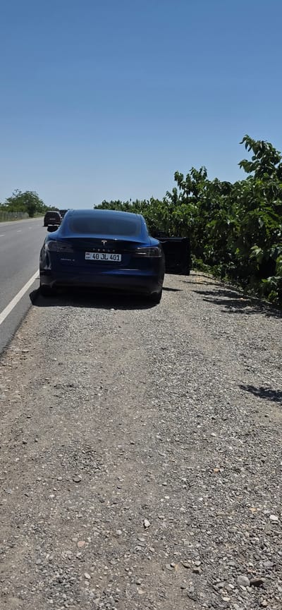 A dark blue Tesla Model S is parked on the side of a paved road in Armash, Armenia. The car's rear passenger door is open. The vehicle has a license plate that reads "40 JL 401". The road is bordered by a gravel shoulder and dense green foliage. The sky is clear and blue, indicating fair weather. The scene appears to be rural, with no other prominent structures or vehicles visible in the immediate vicinity, other than a darker vehicle further down the road.