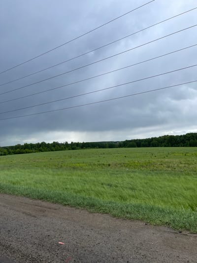 The image depicts a rural scene, potentially located near Кокино, Russia, based on the request. A green field, possibly pasture or farmland, occupies the right side of the frame. A line of trees borders the field. Adjacent to the field is a dirt or gravel road. On the left side of the image, overhead power lines are visible against a backdrop of cloudy or stormy sky. No people, subjects, objects, actions, or interactions are evident in the scene beyond the natural landscape and infrastructure elements.
