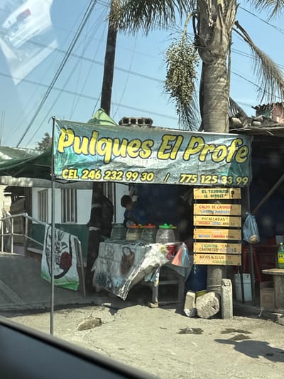 A roadside stand identified as "Pulques El Profe" offers a variety of food and drinks. A banner displays contact numbers (CEL 246 232 99.30 / 775 125-33-99). Hand-lettered wooden signs advertise menu items like Caldo de Camaron, Sopa Mariscos, Micheladas, and juices, including Maranza, Zanahoria, and Betabel. Other offerings include licuados, café, cantaritos, huevos al gusto, té, and chilaquiles. The stand appears rustic with a covered table and chairs.