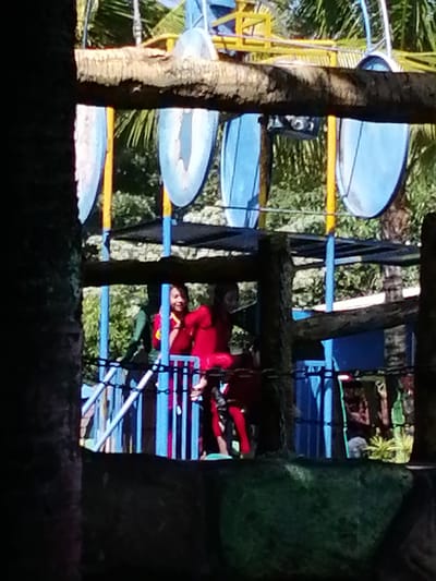 In Tegalwangi, Indonesia, a blurry, outdoor scene unfolds, framed by dark, out-of-focus foreground elements suggestive of natural foliage or structures. At the center, behind a rustic, horizontal wooden beam, a playground-like structure is visible. It features bright blue vertical poles supporting a dark horizontal netting or barrier. Within this area, two individuals, possibly children or young adults, are present. One, on the left, is wearing a red top and appears to be looking towards the right. The other individual, on the right, is also in red clothing, possibly a jumpsuit, and is positioned further back, with their body partially obscured. A colorful, yellow metal structure is visible above, along with large, light blue circular elements with white patterns, resembling whimsical decorations or parts of a ride. The background is filled with lush green foliage, indicative of a tropical environment, with hints of palm fronds. The overall impression is that of a playful, possibly amusement-park setting, though the low image quality makes precise identification challenging.