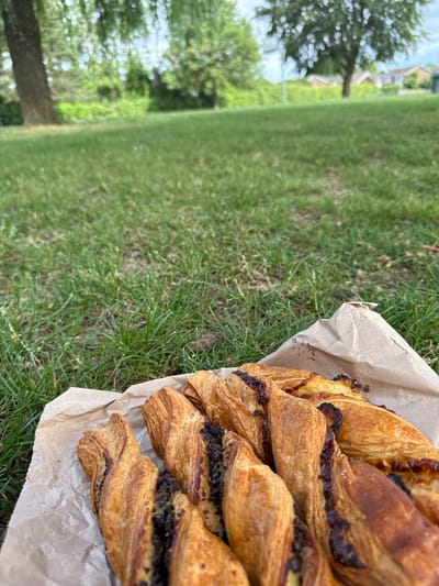 A close-up, slightly canted, eye-level shot shows a pastry on a piece of brown paper on a grassy surface. The pastry appears to be a braided pastry with a dark filling. The grass is green, and in the background, out-of-focus, there are trees and possibly buildings, suggesting a park or green space in Hazlemere, United Kingdom. No people are visible.