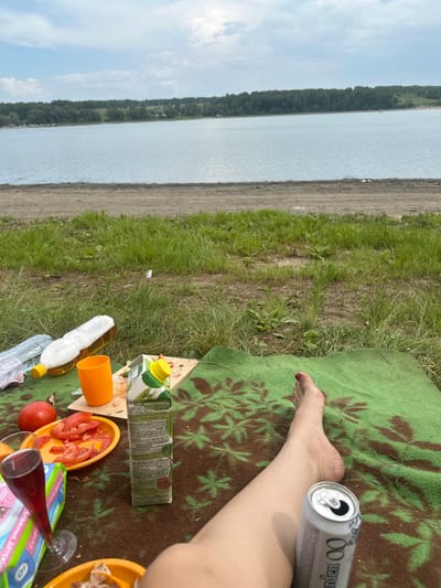 The image depicts a picnic scene at a lake in the city of Pravda, Russia. A person's leg, with painted red toenails, rests on a green blanket with a brown floral pattern. In the foreground, on the blanket, are a can of what appears to be a beverage, a tall glass with red liquid, a packet of children's wipes, and an orange plate with sliced tomatoes. To the left of the blanket, a wooden board holds an orange plastic cup, a bottle of beer with foam, and a juice carton. Beyond the picnic setup, a sandy shore meets a calm body of water, with a dense line of trees forming the horizon. The sky above is partly cloudy. The overall scene suggests a relaxed outdoor gathering by the water.