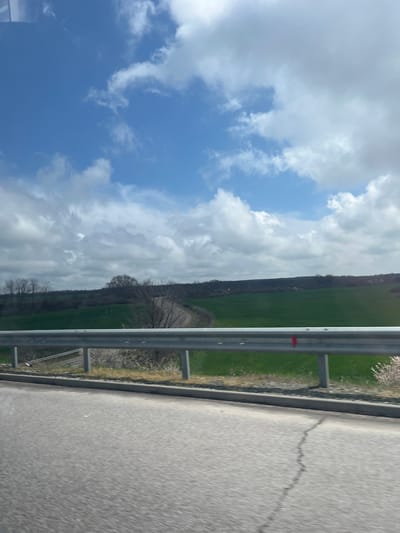 This image depicts a rural landscape near Malko Tranovo, Bulgaria, captured from a moving vehicle. The foreground features a blurred asphalt road surface, dark gray in color, displaying a visible crack extending vertically on the right side. Immediately above the road, a silver metal guardrail with three horizontal beams and multiple vertical supports spans the mid-ground, showing minor wear. A small, indistinct red mark is present on the central beam of the guardrail towards the right.

Beyond the guardrail, the terrain slopes downwards, revealing patches of dry brush and grass. The middle ground transitions into a vast expanse of vibrant green fields, suggesting agricultural land. Scattered across the landscape and forming a distant tree line are deciduous trees, some appearing bare, indicative of late winter or early spring. A winding, unpaved or lightly paved road is visible curving through the fields on the left side of the frame, leading towards the horizon.

The sky occupies the upper portion of the image, presenting a clear blue expanse interspersed with numerous white and light gray cumulus clouds of varying sizes and densities. The lighting suggests a bright, possibly sunny day with partial cloud cover. No individuals or animals are visible in the scene.