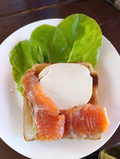 A close-up, overhead shot shows a slice of toasted bread topped with a slice of white cheese, a piece of smoked salmon, and two large green lettuce leaves. The food is arranged on a white plate, which is placed on a dark wooden surface. The lighting suggests an indoor setting, possibly a home or a cafe. The scene appears to be from a meal preparation or serving. There are no people visible in the image.
