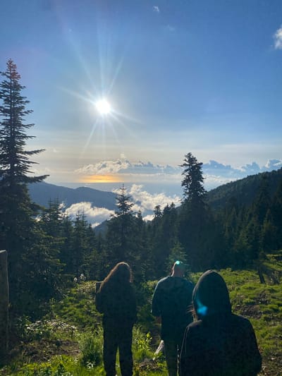 In Gomismta, Georgia, three individuals, seen from behind, stand on a grassy slope facing a scenic vista. The sun, a bright orb with prominent rays, shines in a clear blue sky. Below, a range of mist-covered mountains descends towards the sea, with the horizon marked by the glittering surface of the water reflecting the sunlight. Dark green pine trees dominate the foreground and midground, forming a dense forest on the hillsides. The people are silhouetted against the bright sky and landscape, their clothing dark. One person has long, dark, wavy hair, while another wears a hooded garment. The third person appears to be wearing camouflage clothing. The terrain is uneven, with patches of green grass, some exposed earth, and scattered wildflowers.