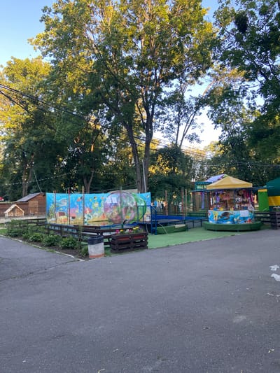 The image depicts an outdoor scene with a small amusement attraction. The main subject is a colorful, multi-tiered ride structure that appears to be designed for children. It features vibrant murals of marine life and jungle animals. A yellow canopy shades a portion of the ride. Adjacent to the ride is a paved pathway or road. To the left of the ride, tall trees with lush green foliage dominate the background, suggesting a park-like setting. A clear sky is visible through the branches, indicating daylight. The overall atmosphere is bright and cheerful, likely during a sunny day. A small wooden building is partially visible behind the attraction. Some wooden fencing and planters with flowers add to the scene. There is some visible text on the attraction that reads "JUNGLE PARTY". The setting appears to be a public space or a small entertainment area within a community, possibly in Nyzhni Mlyny, Ukraine, as per the provided location context. The image is taken from a low angle, looking up towards the trees and the attraction.