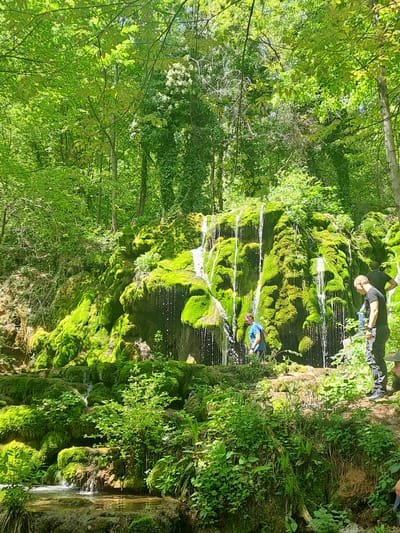 The image shows a lush green waterfall, likely in a forest environment, with vegetation covering the rocks and surrounding area. Two individuals are present; one lying near the water stream in a blue shirt and the other standing on higher ground. The location is in the city of Chelopek, Bulgaria.