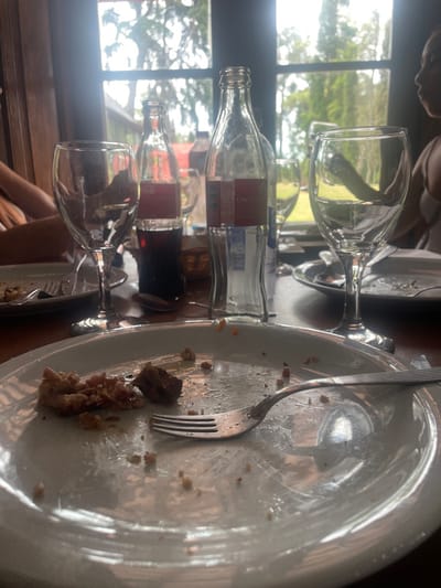 An indoor dining scene is captured from a tilted perspective, showing a table set with drinks and plates, partially consumed food, and human presence. The image is rotated 90 degrees counter-clockwise, making the objects appear on their sides.
In the foreground, a white, round plate occupies the right side, covered with remnants of food, including what appears to be meat scraps and crumbs. A silver fork rests on the plate. To the left of the plate, on a dark wooden table surface, are several glass items. Two empty wine glasses stand upright (if the image were rotated), one closer to the viewer, the other further back. Behind them, two classic glass Coca-Cola bottles are visible. The bottle closer to the foreground appears partially full with a dark liquid, while the one behind it is empty. Both bottles display their iconic red and white "Coca-Cola" labels, though they are inverted and partially obscured due to the image's orientation and reflections.
Through large windows in the background, a bright outdoor scene with green foliage and trees is visible, suggesting daytime. The lighting appears diffused, possibly indicating an overcast day. Portions of human figures are discernible; a head and shoulder are visible at the very top left (when oriented correctly), and an arm and hair appear at the bottom right, suggesting people are seated around the table, engaged in a meal. The setting implies a relaxed dining experience, possibly in a restaurant or home with a view, consistent with the location context of Jáuregui, Argentina.