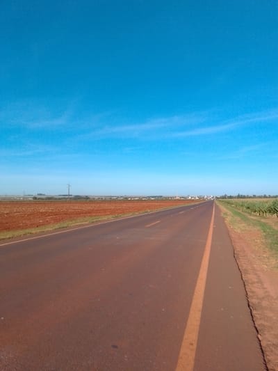 The image depicts a straight, paved road with a reddish-brown surface and a single yellow line marking the right edge. The road stretches into the distance under a clear, bright blue sky with faint wispy clouds. To the left of the road is a large, tilled field with reddish-brown soil. To the right, there is a grassy verge and a field of tall green crops, possibly sunflowers, bordering the road. In the far distance, a town or settlement is visible with buildings and some infrastructure, including what appear to be power lines. The scene suggests a rural or semi-rural setting, likely in the outskirts of São Gabriel Do Oeste, Brazil, given the presence of agricultural fields and the characteristic red soil common in parts of Mato Grosso do Sul. There are no people or vehicles immediately visible on the road or in the foreground.