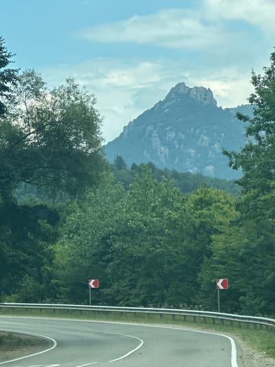 The image captures a scenic view of a winding road with lush green trees lining the sides and a majestic mountain peak in the background. The road is paved and marked with white lines, indicating a curve to the left. On the side of the road, there are guardrails and two traffic signs, one on each side of the road, with red borders and white arrows indicating a sharp turn. The sky is partly cloudy, with soft white clouds against a pale blue backdrop. The mountain in the distance appears rocky and rugged, shrouded in a light haze. The overall impression is one of a peaceful and natural landscape, possibly on the outskirts of Krivenkovskoye, Russia, given the context. There are no people or animals visible in the image.