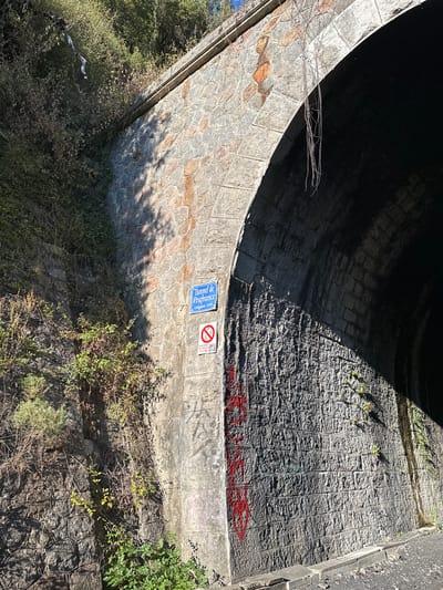 The image shows the exterior of a stone tunnel entrance, identified by a blue sign as "Tunnel de Prafrance," with a length of 114 meters. The tunnel is surrounded by overgrown vegetation and trees. A white sign with a red circle and a diagonal line through a bicycle symbol indicates that cycling is prohibited. Red graffiti is visible on the stonework near the tunnel entrance. The scene appears to be in Générargues, France.