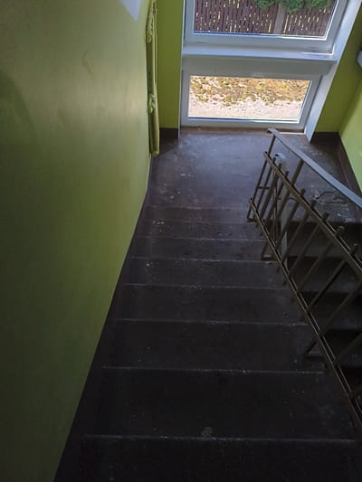 The image depicts a view looking down a set of concrete stairs within a building. The walls on the left and right sides of the stairwell are painted a bright, lime green. To the right, a metal railing with a diamond pattern runs along the stairs. At the top of the stairs, a large window and a smaller casement window are visible. Through the windows, a patch of ground with sparse vegetation and a wooden fence can be seen, suggesting an outdoor view. The lighting indicates it is daytime, with sunlight filtering into the stairwell. The scene appears to be an interior stairwell, possibly in a residential building or communal space. There is no discernible text in the image. The overall impression is one of a functional, somewhat utilitarian indoor space with a view to the outside. The concrete stairs show signs of wear and tear.
