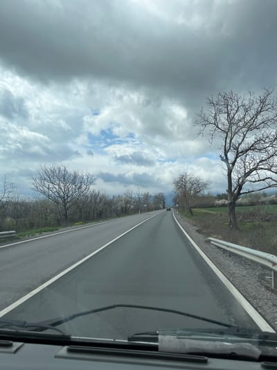 The image shows a road leading into the distance. A single vehicle is visible on the road. Bare trees line both sides of the road. The sky is mostly cloudy with patches of blue sky visible. A guardrail is on the right side of the road. The image was taken from inside a vehicle, as evidenced by the partially visible windshield wiper and side mirror. The location is likely Pevtsite, Bulgaria, based on the prompt.