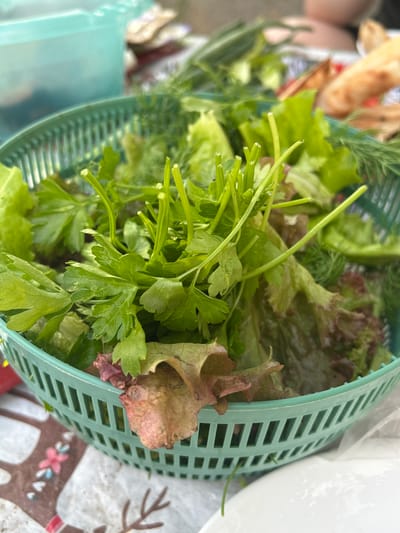 The image shows a close-up of a green plastic basket filled with fresh greens, primarily lettuce and herbs like parsley and dill. The basket is placed on a table with a patterned tablecloth. In the background, there are some blurred objects, including what appears to be a light blue container and some bread. The lighting suggests an outdoor setting, possibly a meal or gathering. The scene is not set in the city of Нижние Муллы, Russia.