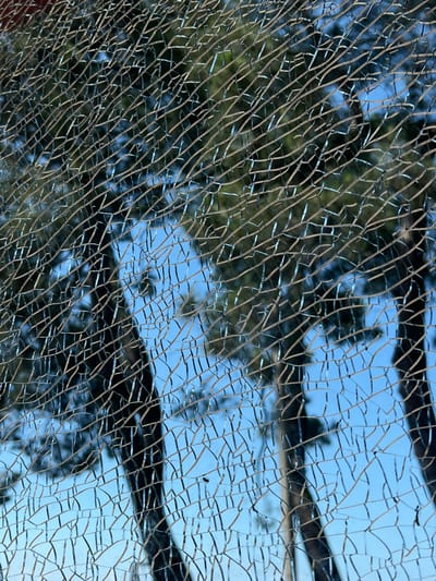 The image displays a close-up of shattered glass, with a pattern of fine cracks covering the foreground. Through the fractured glass, the out-of-focus background reveals the trunks of several trees against a bright blue sky. The scene is devoid of any discernible human presence or activity. The texture of the broken glass dominates the composition, creating a visual barrier between the viewer and the natural elements beyond. No specific location within Ochamchire, Abkhazia is identifiable from the provided image.