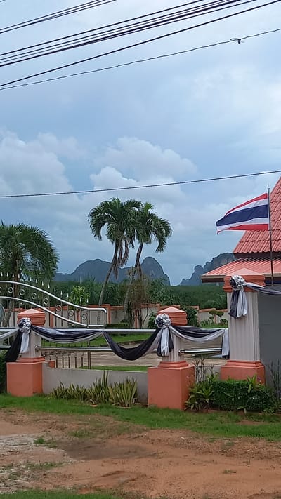 The scene depicts a landscape in Ao Luek, Thailand, under a cloudy sky. Tall palm trees stand in the foreground against a backdrop of mountainous terrain. An elevated structure is visible, adorned with red roofing and decorated with silver and black ribbons. A Thailand flag is displayed on top of the structure. Electrical wires run across the upper left portion of the image. The ground is comprised of a mix of grass and soil.