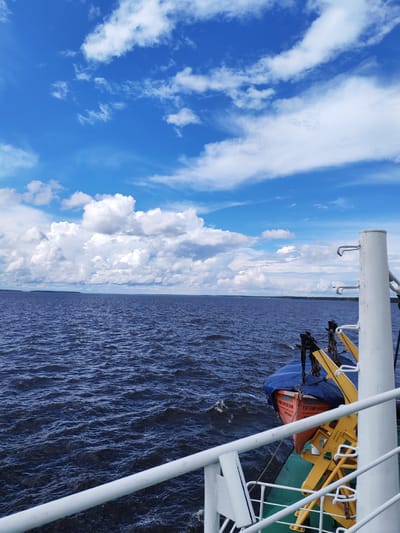 The image depicts a view from the deck of a vessel, likely a ferry or ship, sailing on a body of water. The water is dark blue and appears choppy, with small waves. The sky is a vibrant blue with scattered white clouds, some of which are large and cumulus. In the distance, a landmass is visible, appearing as a dark, flat line against the horizon.

In the foreground, part of the ship's railing and deck equipment are visible. A white railing runs along the bottom and right side of the frame. To the right, a large white pole with metal fixtures extends upwards. Below and behind the railing, there are yellow mechanical arms and a partially covered orange lifeboat with blue tarping. Some text is visible on the lifeboat in Cyrillic script.

The scene appears to be a calm day at sea or on a large lake. The image was taken from the perspective of someone on the ship looking out towards the water and the distant shore.

Although no specific landmarks of Вичелово, Russia, are visible in this image, it is possible this scene was captured on one of the waterways near the settlement, such as Lake Onega or a connected river system. The presence of a ferry or ship suggests transportation is a key feature of the area.