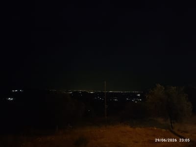 This is a nighttime photograph taken from an elevated position overlooking the city of Scordia, Italy. The city lights are visible in the distance, forming a horizon of scattered illumination against the dark sky. In the foreground, there are dark silhouettes of trees and vegetation, with a prominent olive tree on the right side of the frame. The ground in the immediate foreground appears to be reddish-brown soil or rock. A wooden post with a sign is visible in the midground. The date and time stamp "29/06/2026 23:05" is present in the lower right corner of the image. There are no people or active interactions depicted in the scene.