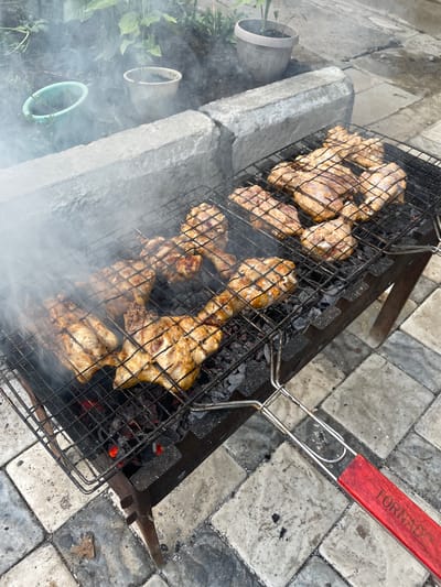This media file shows chicken pieces grilling on a charcoal barbecue. The barbecue is a wire mesh basket with a red wooden handle that has the word "TORNADO" printed on it in white text. The chicken is seasoned and has begun to brown, with some pieces showing char marks from the grill. Smoke rises from the barbecue, obscuring some of the chicken and the surrounding area.

The barbecue is placed on a stone surface, possibly a patio or outdoor area, with large, irregularly shaped stone tiles forming the ground. To the left of the barbecue, there are two cylindrical objects, one light-colored and one mint green, with plants growing nearby. A large, rough-hewn stone block is visible to the left of the barbecue and in front of the plants. The overall setting appears to be outdoors, possibly in a backyard or garden area.

The lighting suggests it could be daytime, as there are no artificial light sources visible and the scene is well-lit. The presence of smoke indicates that the grilling is in progress, suggesting an activity or event centered around preparing food outdoors. No people are visible in the image, but the scene implies a domestic or recreational setting. The mood is one of outdoor cooking and likely enjoyment of a meal. The location cue "Orlovka, Kyrgyzstan" provides geographical context to the scene.