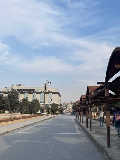 The image displays a daytime urban scene in the city of قرية الضبية, Syria. The foreground features a wide, grey-paved walkway or street, bordered on the left by a raised concrete planter containing evergreen trees. On the right, a series of regularly spaced, dark wooden or metal arched structures with reddish-brown tops extends along a paved sidewalk. Two individuals are depicted walking away from the camera on this right-side sidewalk: one person in dark jeans and a light-colored backpack, and another in light jeans and a white t-shirt. In the midground, a large, multi-story building with a light-colored facade and multiple rectangular windows is visible on the left. A flagstaff in front of this building flies a flag with horizontal black, white, and green stripes. Further in the background, a distinctive white, ornate archway or gate structure stands at the end of the paved path. The sky is light blue with scattered thin white clouds.
