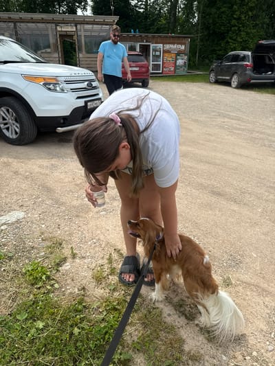 In the city of Zamosh'e (Zaklinskoe S/P), Russia, a young woman with long brown hair tied back with a pink scrunchie is bending over to offer a drink of water from a clear plastic cup to a medium-sized, brown and white dog on a leash. She is wearing a white t-shirt and dark sandals. The dog, with a long fluffy tail, looks up at the woman. In the background, a white Ford Explorer is parked to the left. Further back, a man in a light blue t-shirt and dark shorts stands near a red car and a small building with signage. Another dark SUV is parked to the right, with its trunk open. The ground is a gravelly, sandy surface with patches of green grass and dry vegetation. The environment appears to be an outdoor area, possibly a parking lot or rest stop, with trees visible in the distance.
