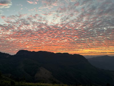 A scenic view captures a mountain range silhouette against a vibrant sunset. The sky showcases a dense, rippled cloud formation illuminated with hues of orange and pink, contrasting against a cooler blue above. In the foreground, dark, forested hills descend into lower elevations, providing depth to the landscape. Distant, hazy mountain peaks fade into the horizon, enhancing the expansive feel of the scene.