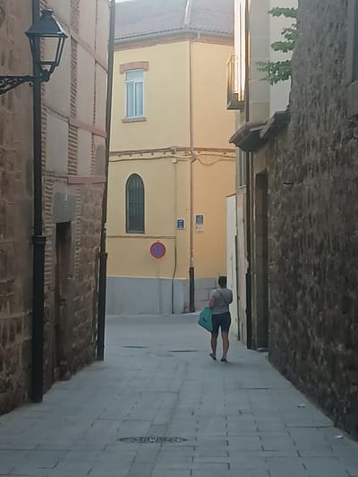 The image shows a narrow cobblestone street in Ávila, Spain. On the left side of the street, a tall black lamppost stands next to a stone building with brick accents and wooden beams. The building on the right is made of rough-hewn stone. In the background, a pale yellow building with a red-tiled roof is visible, featuring a rectangular window with white shutters and an arched window with a metal grille. A person, seen from the back, walks away from the viewer down the street, carrying a light blue reusable shopping bag. The person is wearing dark shorts and a gray t-shirt. A red circular sign with a blue prohibition symbol is posted on a pole near the yellow building. The lighting suggests it is late afternoon or early evening.