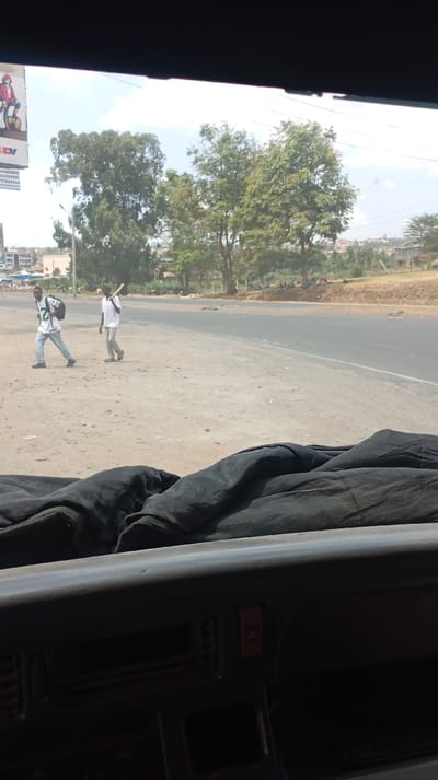 Two people walk along a sandy area next to a road. One carries a backpack and wears a jersey with a number on it. The other has a stick or bat over their shoulder. In the background, trees line the road, and buildings can be seen further away. The scene is viewed from inside a vehicle, with the dashboard and a dark, folded material visible in the foreground. A billboard is located on the left side of the image.