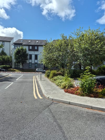 The image shows a modern apartment complex with white facades and dark-tiled roofs, set against a bright blue sky with scattered white clouds. The complex has large windows and several skylights. In front of the buildings, there is a paved parking area with yellow double lines indicating a roadway. A red and white striped barrier is lowered across the road. To the right of the barrier is a concrete sidewalk lined with green bushes and some plants with red foliage. A gray car is parked on the right side of the image, partially visible. A mature tree with dense green foliage stands between the buildings and the sidewalk. The environment appears to be a well-maintained residential area.