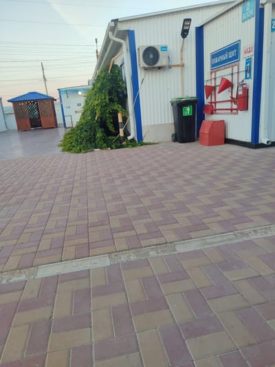 The image depicts an outdoor scene in Қосшағыл ауылдық округі, Kazakhstan, with a focus on a white corrugated metal building and its surroundings. The building features blue trim and signage in Cyrillic, including "ПОЖАРНЫЙ ЩИТ" (Fire Shield) and "2 БЛОК" (Block 2). Mounted on the wall is an air conditioning unit and a red fire extinguisher. Adjacent to the building is a black trash receptacle and a red metal enclosure.

In the foreground, a paved area with interlocking rectangular bricks in shades of red and beige leads away from the building. To the left, a wooden gazebo with a blue roof is visible. Lush green foliage is growing on and around a section of the building, partially obscuring a utility pole. Power lines are strung across the sky, which appears to be overcast. The overall impression is that of an industrial or service area, possibly within a rural or suburban setting. No people are present in the image.