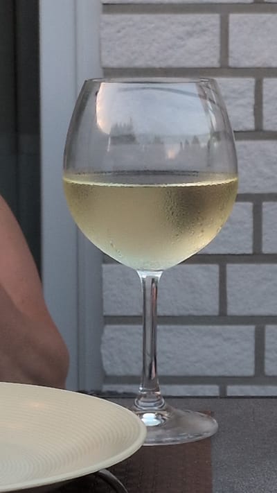 A close-up, eye-level shot shows a stemmed glass of white wine with condensation on the exterior. The wine fills approximately two-thirds of the glass. The glass is positioned on a dark surface, possibly a table, in front of a light-colored brick wall. To the left of the glass, a portion of a person's arm and shoulder is visible. In the foreground, the edge of a white, ribbed plate is visible on the left. The background shows a blurred exterior setting with hints of a building structure and sky reflected in the wine glass. The scene suggests an outdoor dining or social setting. This image was taken in Dissen am Teutoburger Wald, Germany.