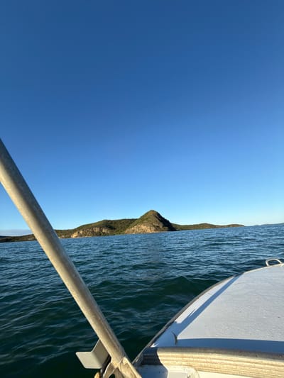 The image depicts a daytime maritime scene from a small vessel on the water, with a clear blue sky overhead. In the foreground, a silver-colored metal railing or pole extends diagonally from the lower-left corner upwards, partially obscuring the water and background. The white, textured deck of the boat is visible in the lower-right quadrant, showing a cast shadow originating from an unseen object to the left, indicating the sun's position. The mid-ground is occupied by dark blue-green water with visible small waves, suggesting light choppiness or the boat's movement. In the background, a large landmass, appearing as a hilly island or coastline, stretches horizontally across the horizon. This landmass is densely covered with green vegetation, exhibiting rugged topography and visible rocky outcrops, culminating in a prominent, conical peak towards the right-center of the landform. The location is the waters near Dumbéa, New Caledonia (an overseas territory of France), with the landmass identified as a section of the coastline of Grande Terre, potentially encompassing part of the Mont Dore Massif, as viewed from the bay or lagoon. No individuals or specific actions are discernible.
