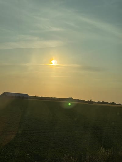 A horizontal wide shot captures a rural landscape in Skelby, Denmark, under a dusky sky. The sun, a bright, hazy orb, is positioned in the upper center of the frame, casting a warm, yellow-orange glow. wispy clouds streak across the pale blue and yellow gradient of the sky. In the mid-ground, a long, dark barn with a white roof sits nestled against a treeline. In the foreground, a vast, dark green field stretches across the image, with subtle shadows suggesting rows or contours. A bright green lens flare is visible in the lower middle section of the field. The overall impression is one of peaceful, late-day tranquility in the Danish countryside.