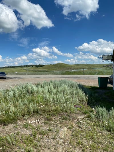 The image depicts a rural roadside scene under a bright blue sky with scattered white clouds. In the foreground, tall, feathery green brush lines the edge of a gravelly area. Beyond this, a paved road curves into the distance, flanked by green rolling hills. Power lines and poles are visible scattered across the landscape, with a few trees dotting the hillsides. A dark-colored sedan is parked on the left side of the road. On the right side of the image, a dark green trash bin stands next to a building, part of which is visible. The scene appears to be located in Yuldybayevo, Russia, given the overall aesthetic of the rural landscape and structures. There are no people visible in the image.