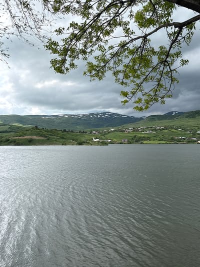 The image shows a large body of water in the foreground, with a scenic landscape of rolling green hills and mountains in the background. The sky is overcast with dramatic, dark clouds. In the distance, a small village with houses is nestled on the hillsides, and patches of snow are visible on the higher mountain peaks. A tree with green leaves branches into the frame from the top, partially obscuring the sky. The water has a rippled texture and reflects the cloudy sky. The scene appears to be the Hrazdan Reservoir in Hrazdan, Armenia, a popular recreational area known for its natural beauty and surrounding mountain ranges. There are no people or active subjects visible in the frame.