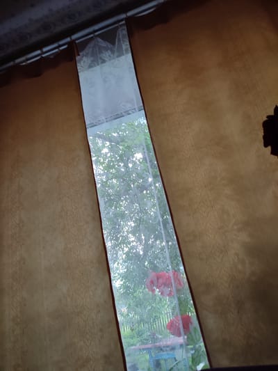 The image depicts a narrow view through a gap in beige curtains, revealing an outdoor scene with lush green foliage and two red flowers hanging in a pot. The curtains are textured and patterned, with a sheer white fabric visible on the left side of the opening. The overall lighting suggests it is daytime, with sunlight filtering through the trees. The scene is likely from a residential setting, possibly a window in the city of Voskobiinyky, Ukraine.