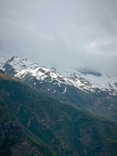 The image shows a mountainous landscape with snow-capped peaks under a cloudy sky. In the foreground, a steep, dark green slope is covered in vegetation and rocks. Further back, the mountains transition to lighter green and then to white snow. The sky is overcast with muted light. The scene depicts a natural environment, likely at a high altitude. No people or man-made structures are visible.