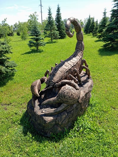 This is a full, eye-level, outdoor, daytime, color photograph of a large, stylized scorpion sculpture in a park in Il'ich, Russia. The scorpion sculpture, made of a brown, textured material that mimics wood or stone, is positioned on a rocky base. It is depicted with its segmented tail curved upwards, and its claws are in front of its body. The sculpture is detailed with intricate carvings, particularly on its claws, which feature ornate scrollwork. The environment surrounding the sculpture is a well-maintained park with vibrant green grass and several coniferous trees of varying sizes. In the background, more trees are visible, along with a clear blue sky and overhead power lines. No people are present in the image. The lighting suggests it is a sunny day.
