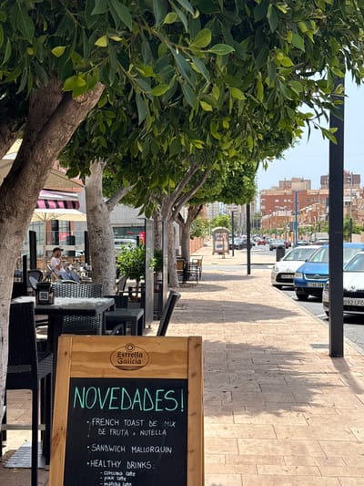 In Campillo Del Moro, Spain, a street view captures a sidewalk cafe with outdoor seating shaded by trees. A wooden A-frame chalkboard sign in the foreground displays "NOVEDADES!" in large, light blue lettering, followed by a menu including "FRENCH TOAST DE MIX DE FRUTA O NUTELLA," "SANDWICH MALLORQUIN," and "HEALTHY DRINKS:" with options like "curcuma latte," "pink latte," and "matcha latte." The cafe tables and chairs are dark woven material. A person is seated at a table in the mid-ground, appearing to be on their phone. Beyond the cafe, a street runs parallel to the sidewalk, lined with parked cars and buildings. The architecture suggests a Mediterranean coastal town. The time of day appears to be daytime with clear skies.