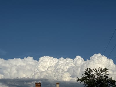 The image captures a bright, sunny day in Verinsko, Bulgaria, with a clear blue sky dominating the upper portion. A large bank of fluffy, white cumulus clouds stretches across the horizon, their peaks illuminated by the sun. Two brick chimneys, remnants of old buildings, are visible in the lower part of the frame, emerging from behind the clouds. To the right, the dark green foliage of a tree is partially silhouetted against the sky and clouds. Several dark utility wires traverse the scene diagonally from the top right corner. The overall impression is one of natural beauty and a glimpse of urban or semi-urban infrastructure under a vast sky.